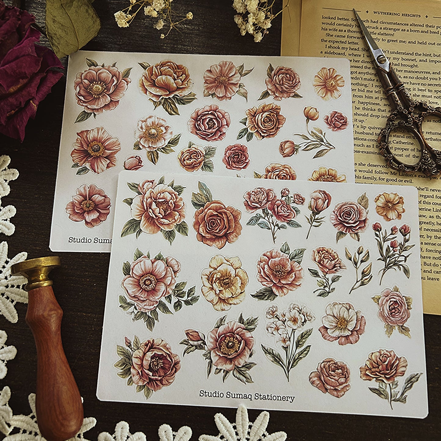 Vintage color pencil inspired florals- Decorative Scrapbook & Journal stickers
