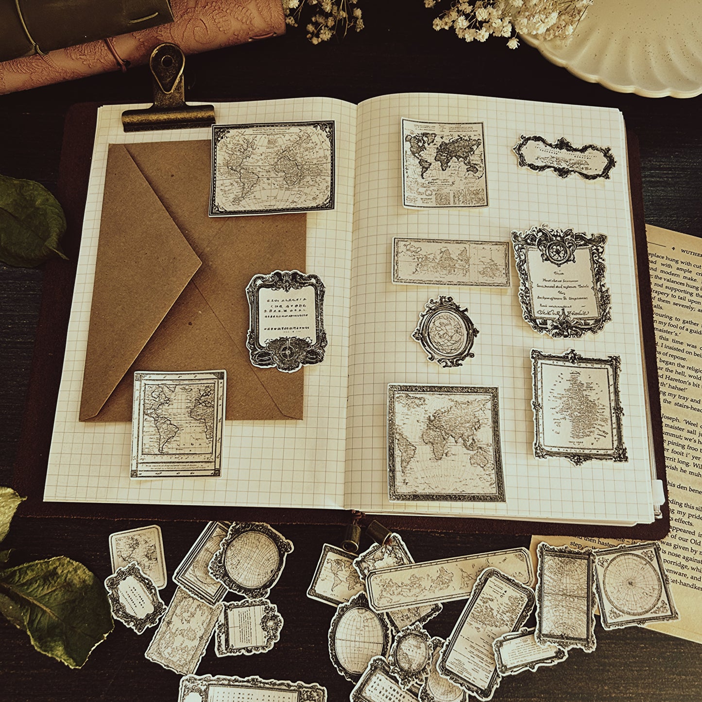 27 pieces set. Cartography inspired sticker flakes, Art Journal Stickers, tea-dyed look stickers