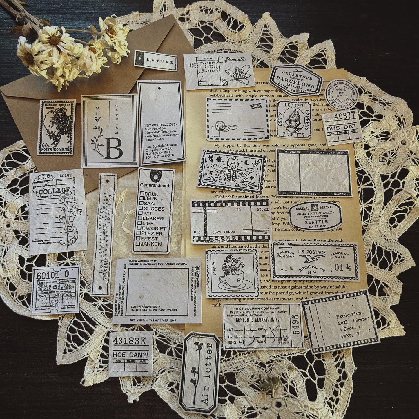 Small set - 25 Stamped handmade paper: Junk Journal Supplies. Vintage Handmade Paper Pieces. Hand-Stamped, Hand-Cut, One-of-a-Kind Set
