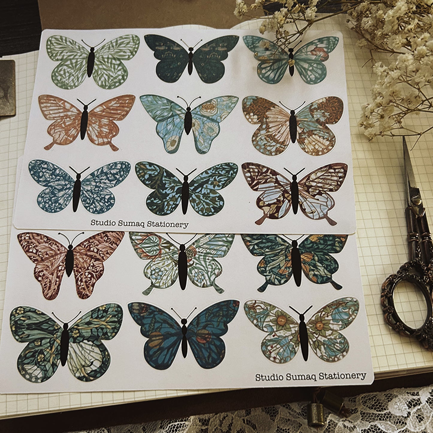 Vintage Morris butterflies - Decorative Scrapbook & Journal stickers