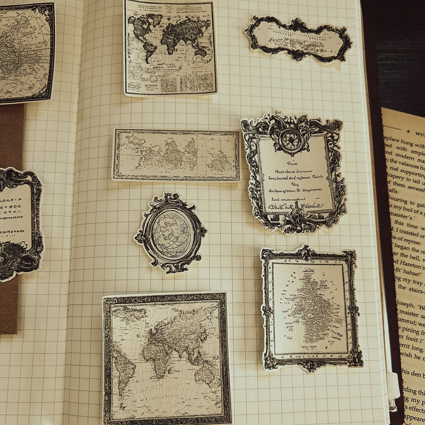 27 pieces set. Cartography inspired sticker flakes, Art Journal Stickers, tea-dyed look stickers