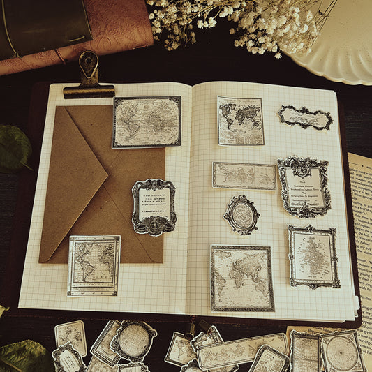 27 pieces set. Cartography inspired sticker flakes, Art Journal Stickers, tea-dyed look stickers