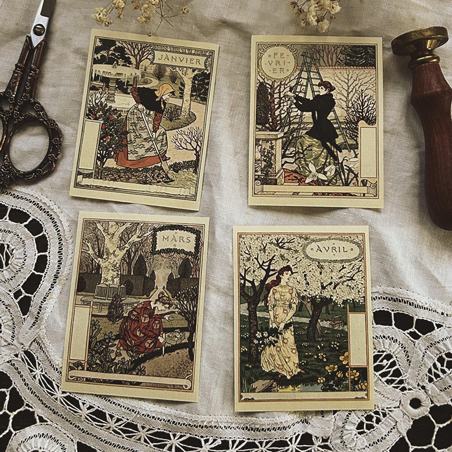 12 pieces French Calendar Ephemera: Art Nouveau Cotton Paper Monthly Calendar Set