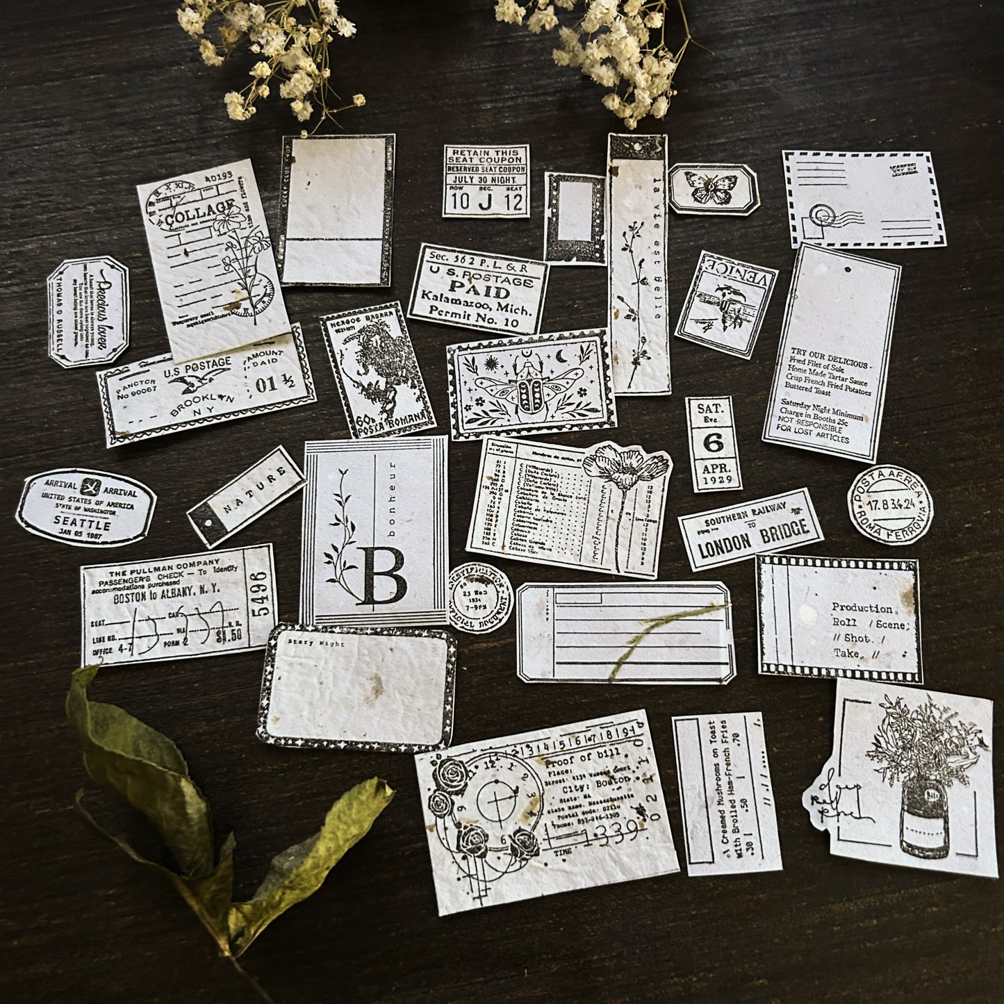 Small set - 25 Stamped handmade paper: Junk Journal Supplies. Vintage Handmade Paper Pieces. Hand-Stamped, Hand-Cut, One-of-a-Kind Set