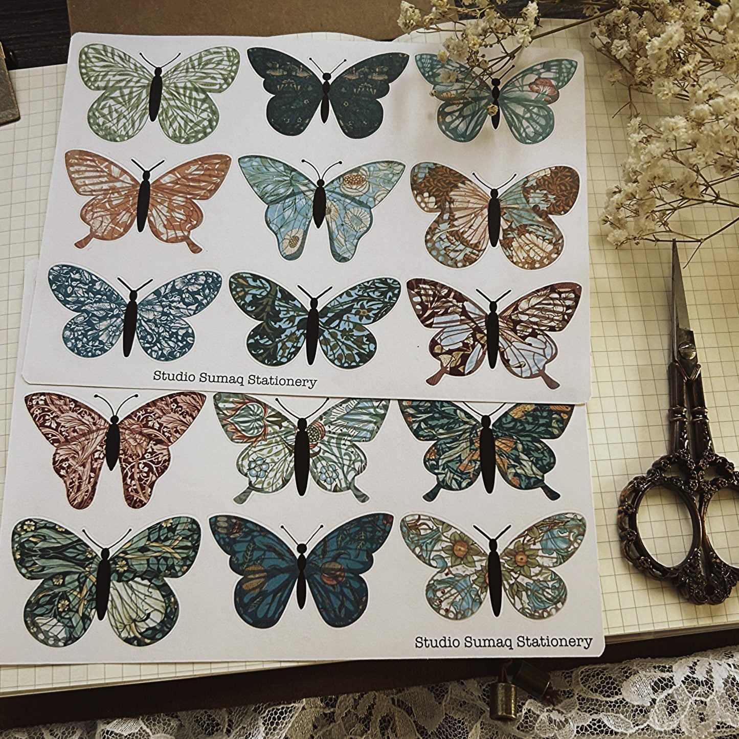 Vintage Morris butterflies - Decorative Scrapbook & Journal stickers