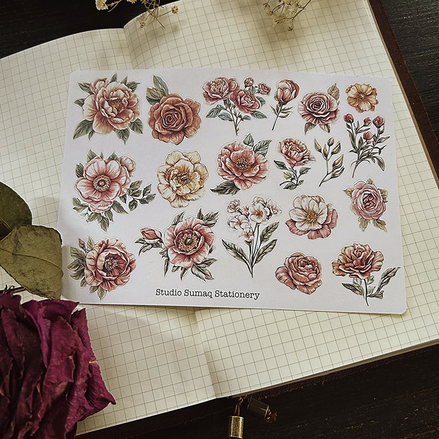 Vintage color pencil inspired florals- Decorative Scrapbook & Journal stickers