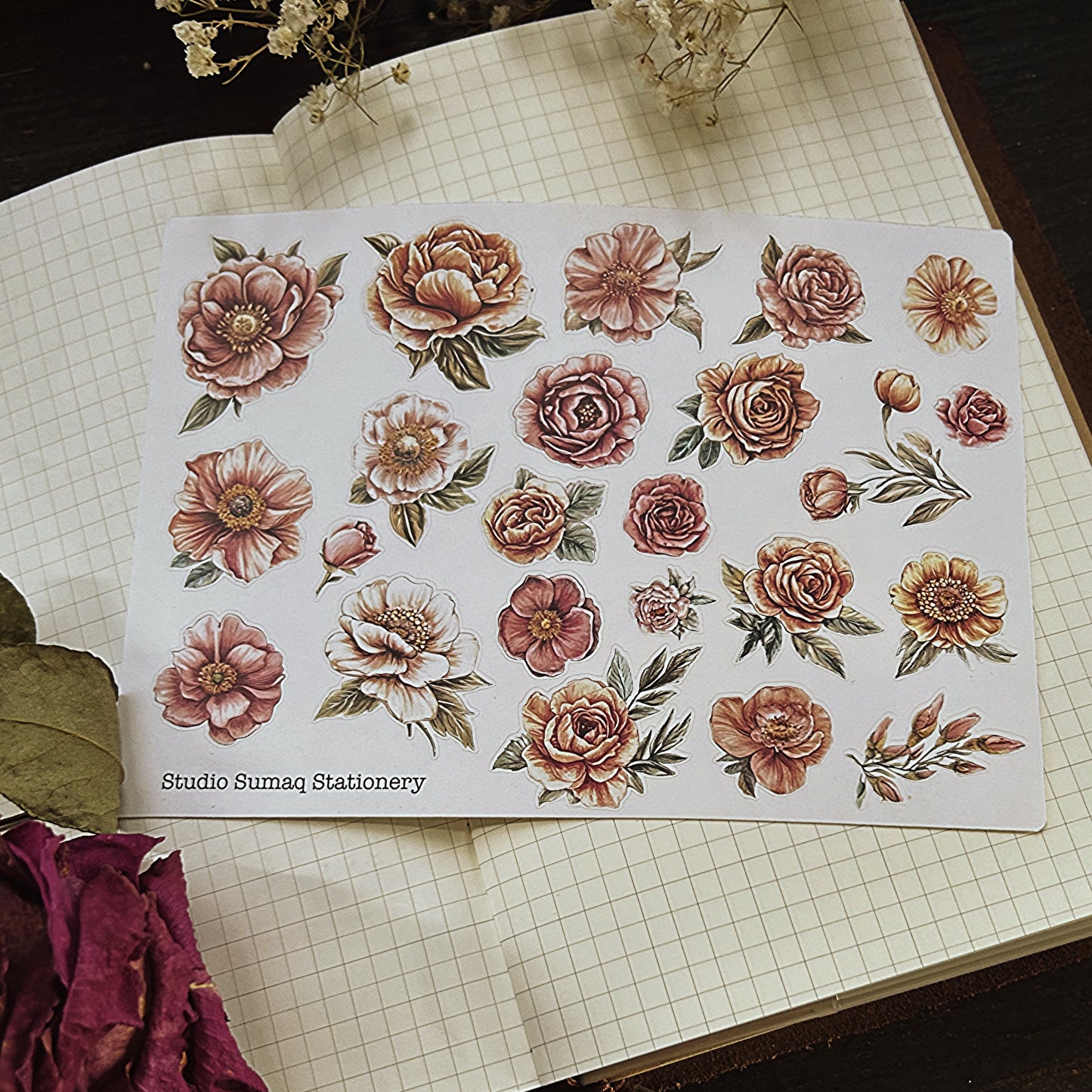 Vintage color pencil inspired florals- Decorative Scrapbook & Journal stickers