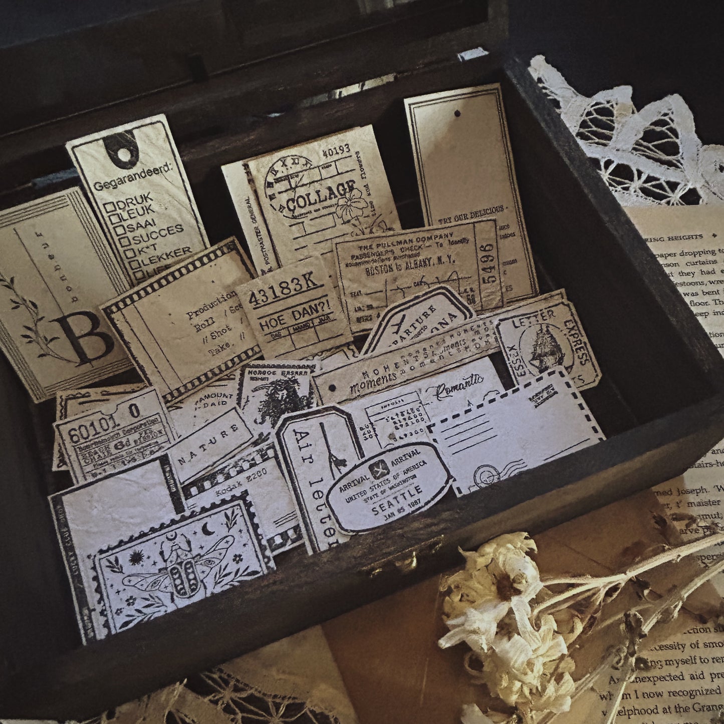 Small set - 25 Stamped handmade paper: Junk Journal Supplies. Vintage Handmade Paper Pieces. Hand-Stamped, Hand-Cut, One-of-a-Kind Set