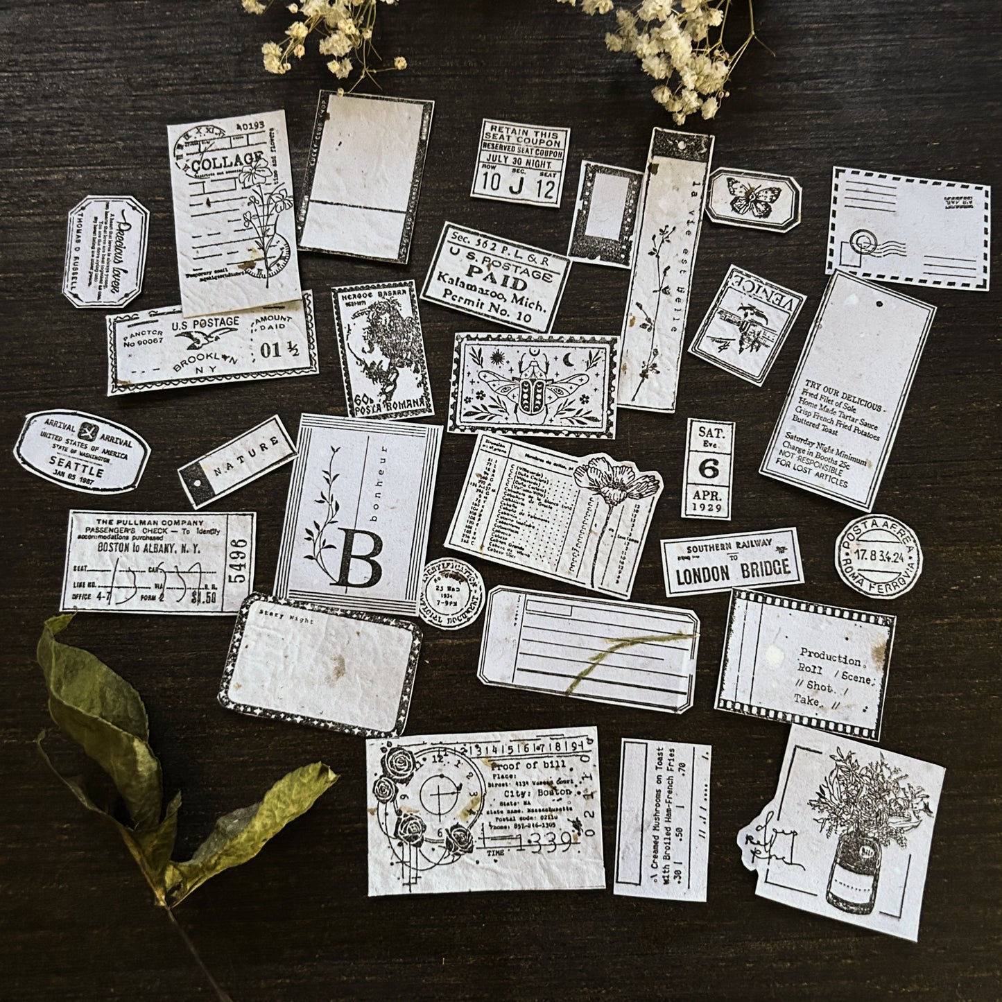 Small set - 25 Stamped handmade paper: Junk Journal Supplies. Vintage Handmade Paper Pieces. Hand-Stamped, Hand-Cut, One-of-a-Kind Set