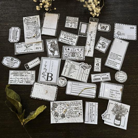 Small set - 25 Stamped handmade paper: Junk Journal Supplies. Vintage Handmade Paper Pieces. Hand-Stamped, Hand-Cut, One-of-a-Kind Set