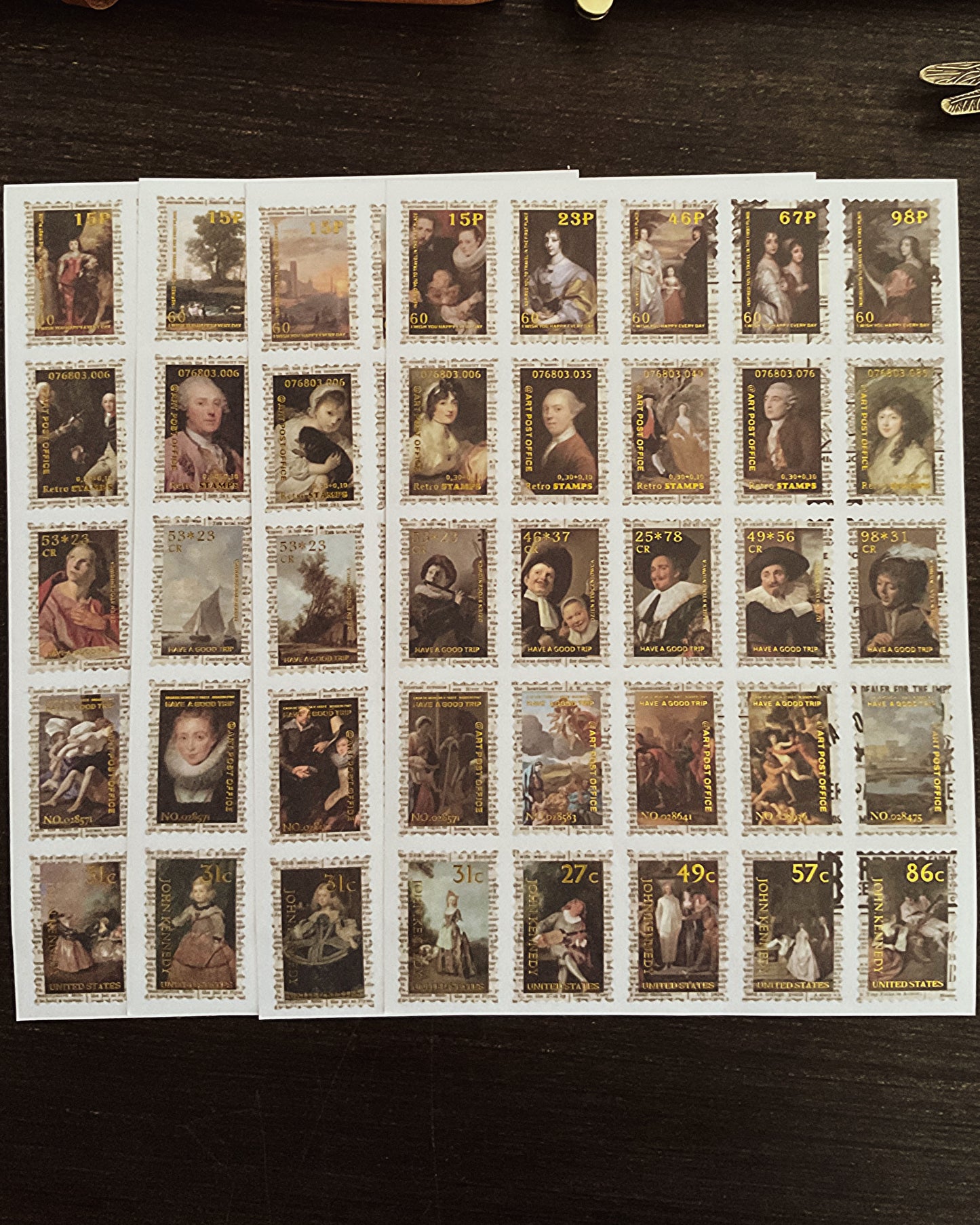 4 sticker sheets Gold foil detail baroque faux stamps sticker set