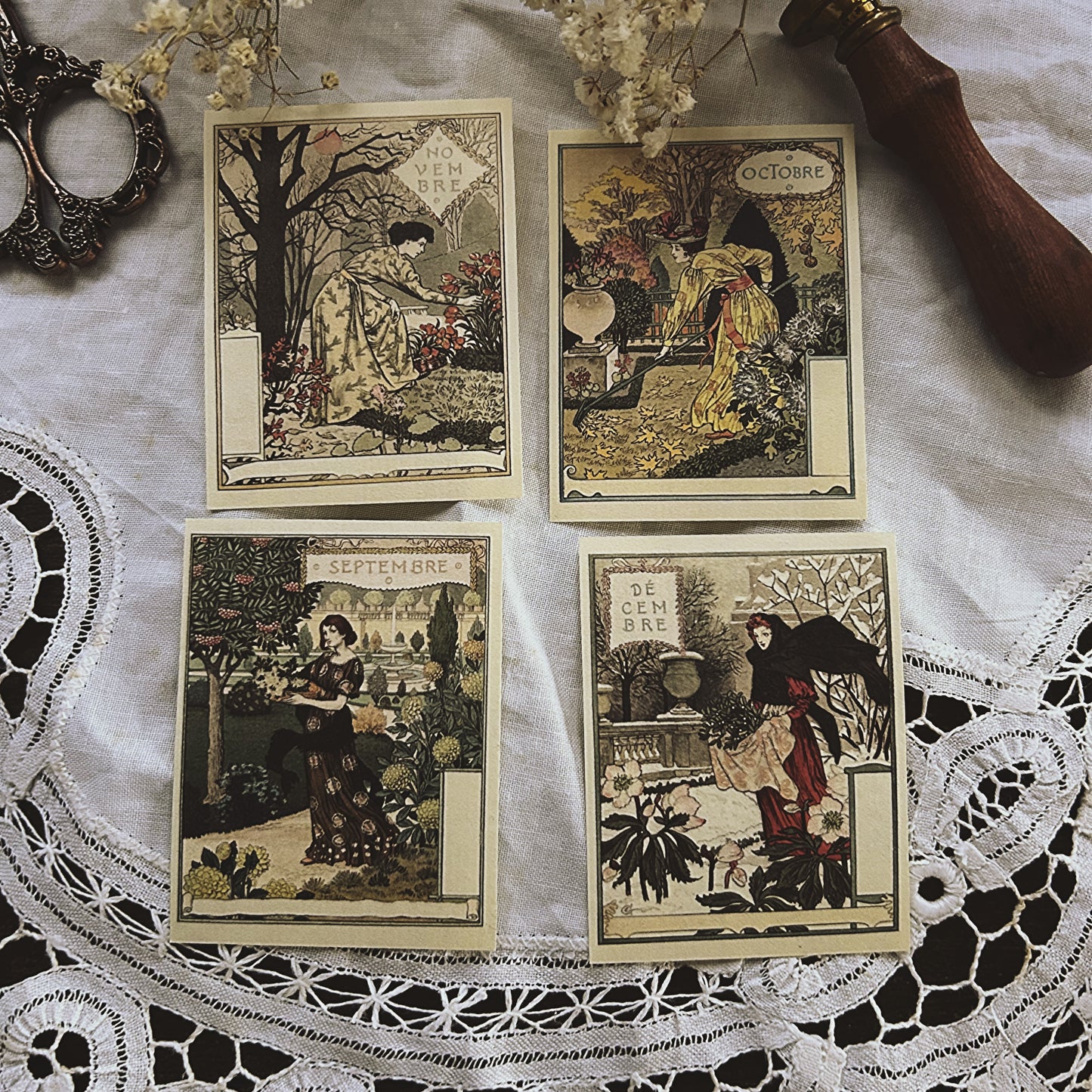 12 pieces French Calendar Ephemera: Art Nouveau Cotton Paper Monthly Calendar Set