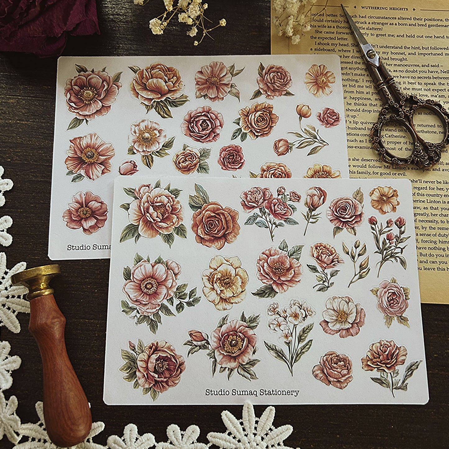 Vintage color pencil inspired florals- Decorative Scrapbook & Journal stickers