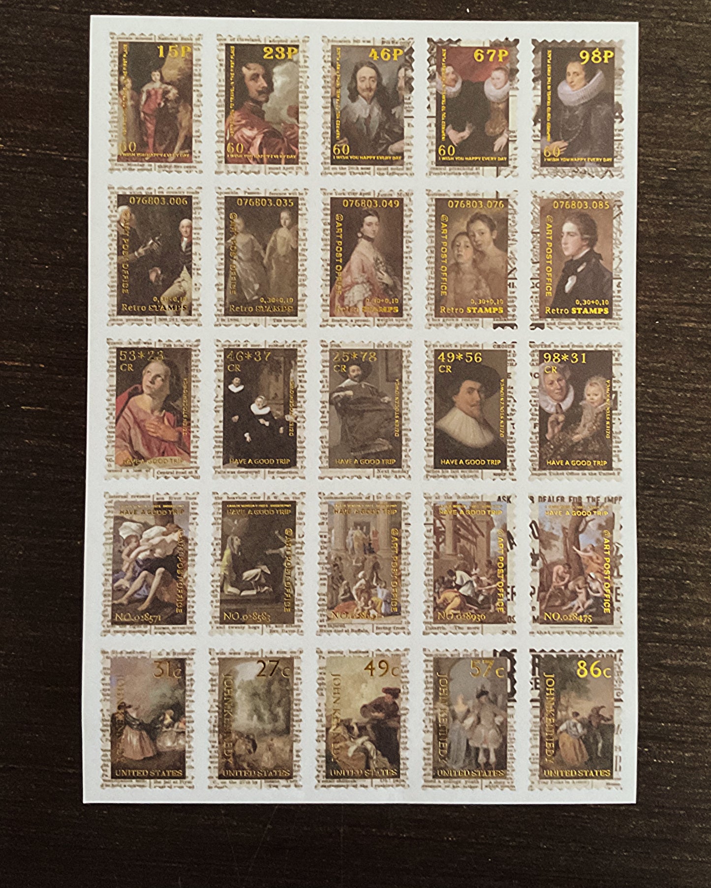 4 sticker sheets Gold foil detail baroque faux stamps sticker set