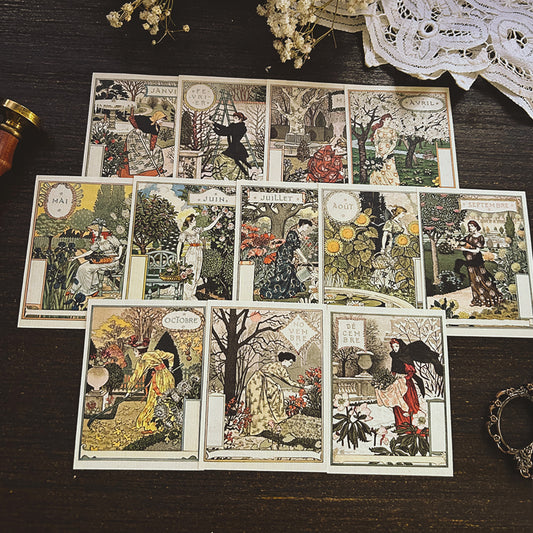 12 pieces French Calendar Ephemera: Art Nouveau Cotton Paper Monthly Calendar Set