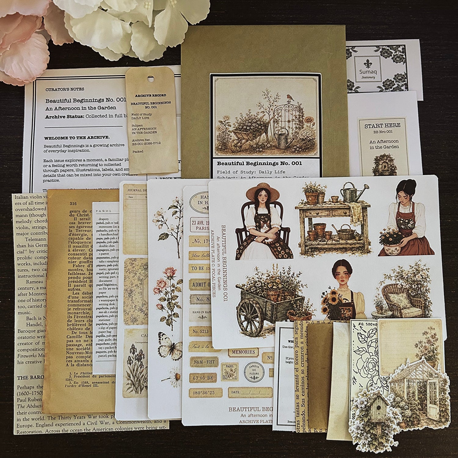 Vintage-style scrapbook paper, stickers, and decorative paper pieces designed to make it easier to begin paper crafting.