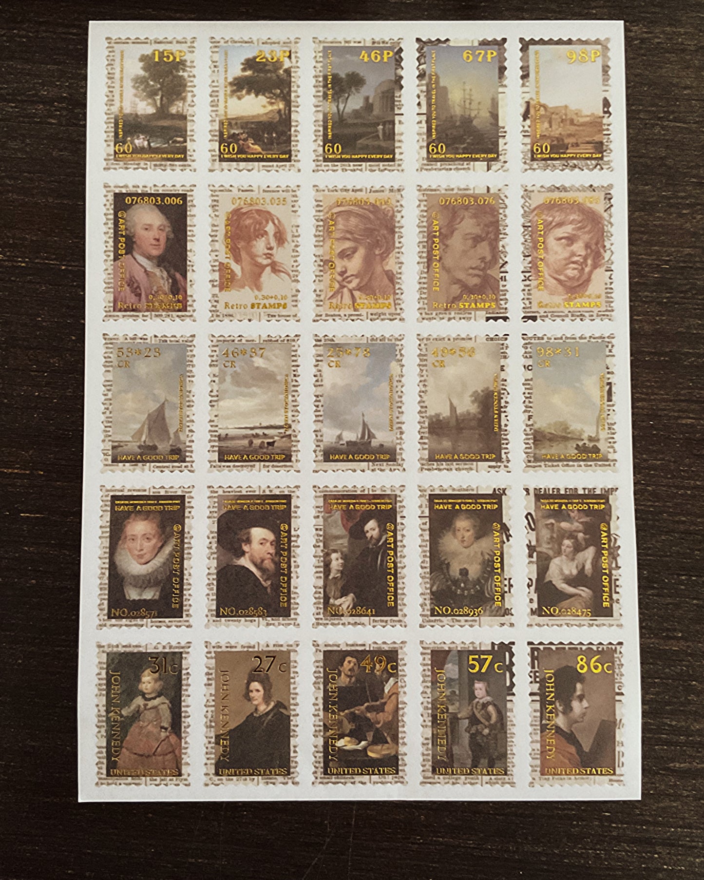 4 sticker sheets Gold foil detail baroque faux stamps sticker set