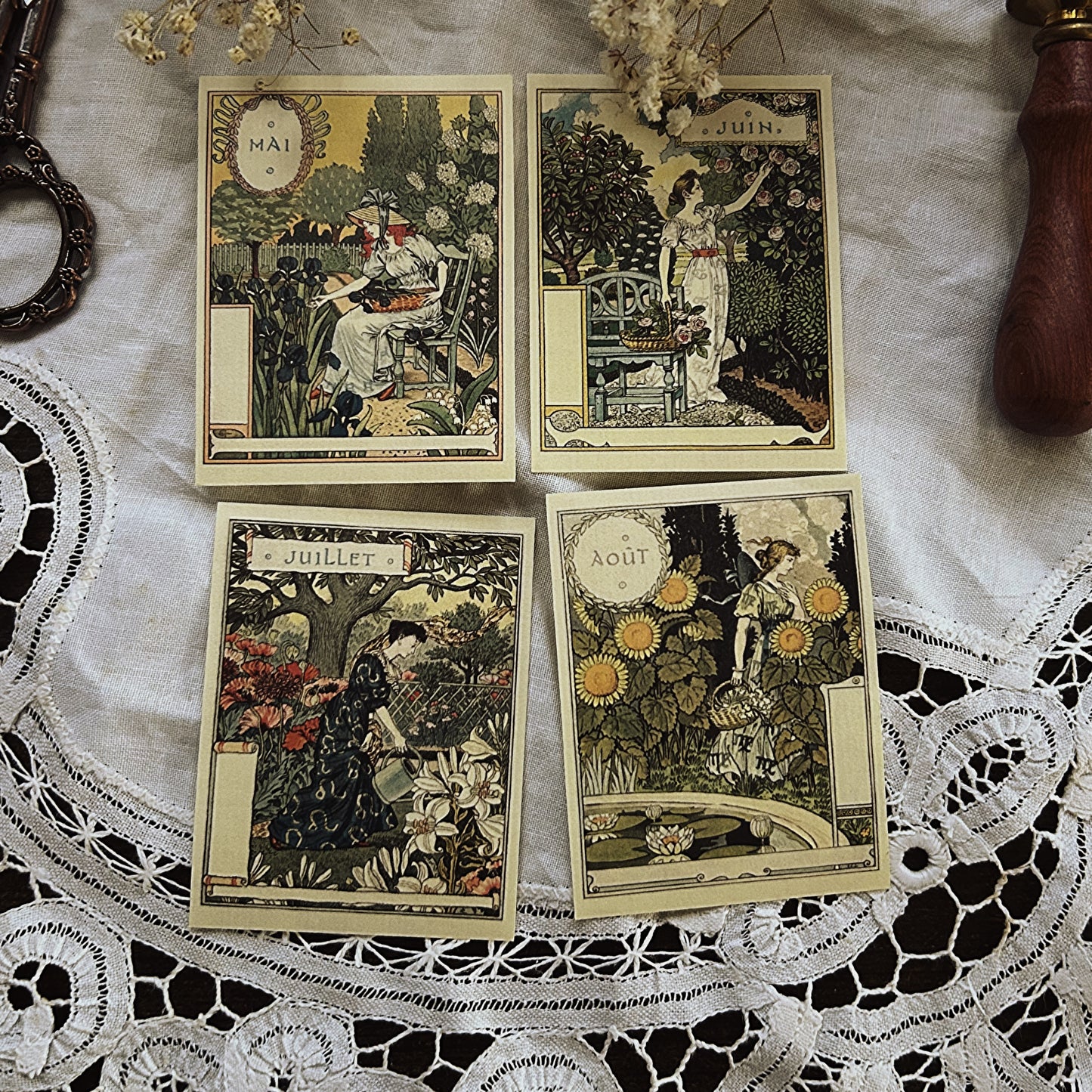 12 pieces French Calendar Ephemera: Art Nouveau Cotton Paper Monthly Calendar Set