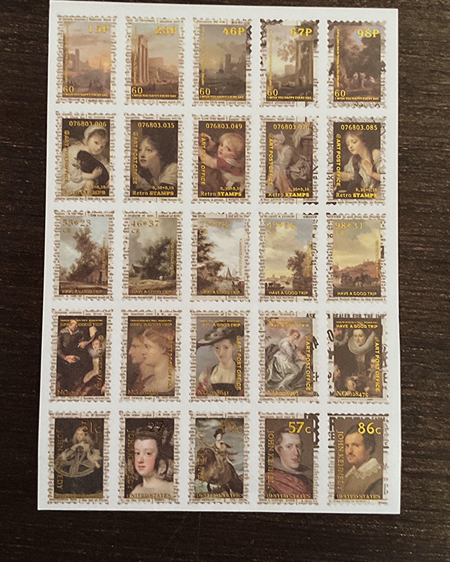 4 sticker sheets Gold foil detail baroque faux stamps sticker set
