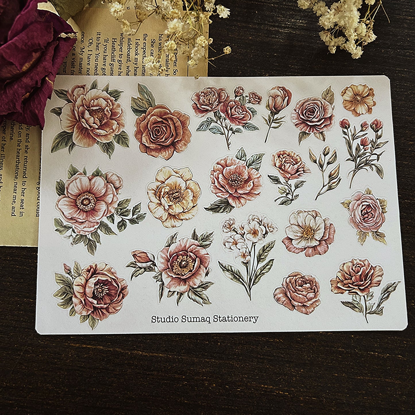 Vintage color pencil inspired florals- Decorative Scrapbook & Journal stickers