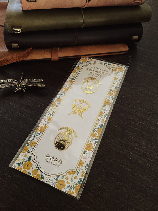 Gold-Tone Metal Bookmark Set | Butterfly, Deer, Bird Cage