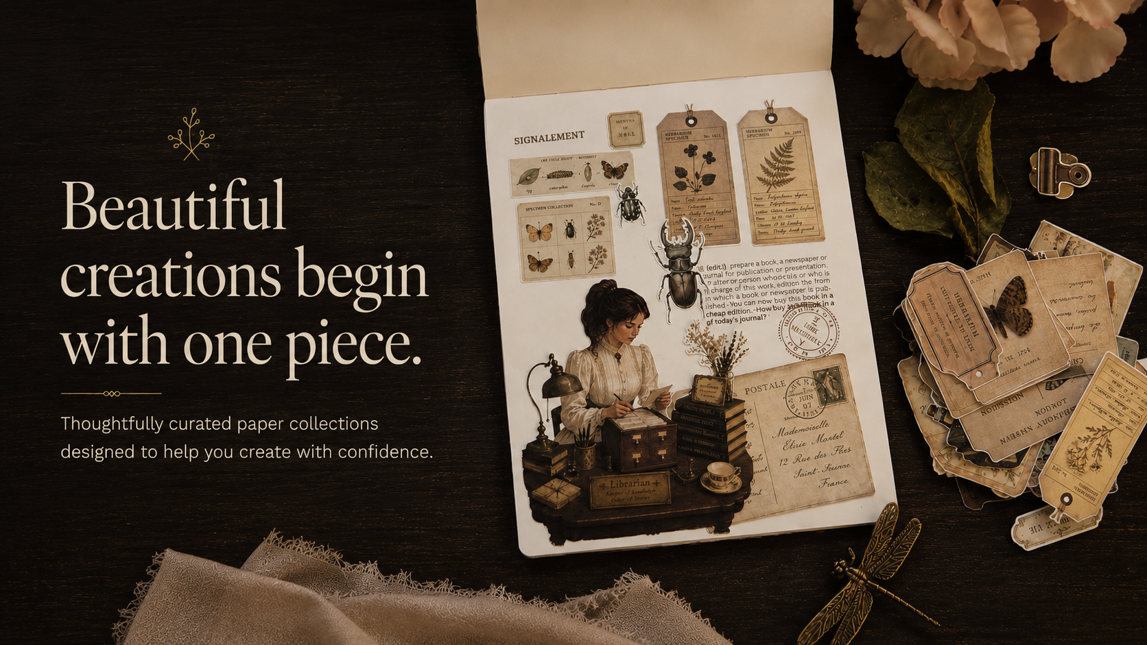 A styled flat-lay of a scrapbook paper collection featuring vintage illustrations, including a woman at a desk and retro labels, displayed on a dark wood background with decorative paper and fabric props.